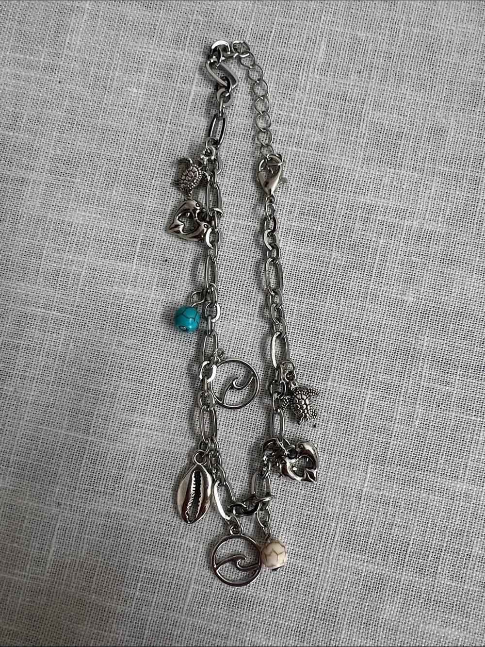 🌞 Sterling Silver Charm Bracelet w/Turquoise Accents Turtles Dolphins Whales OS